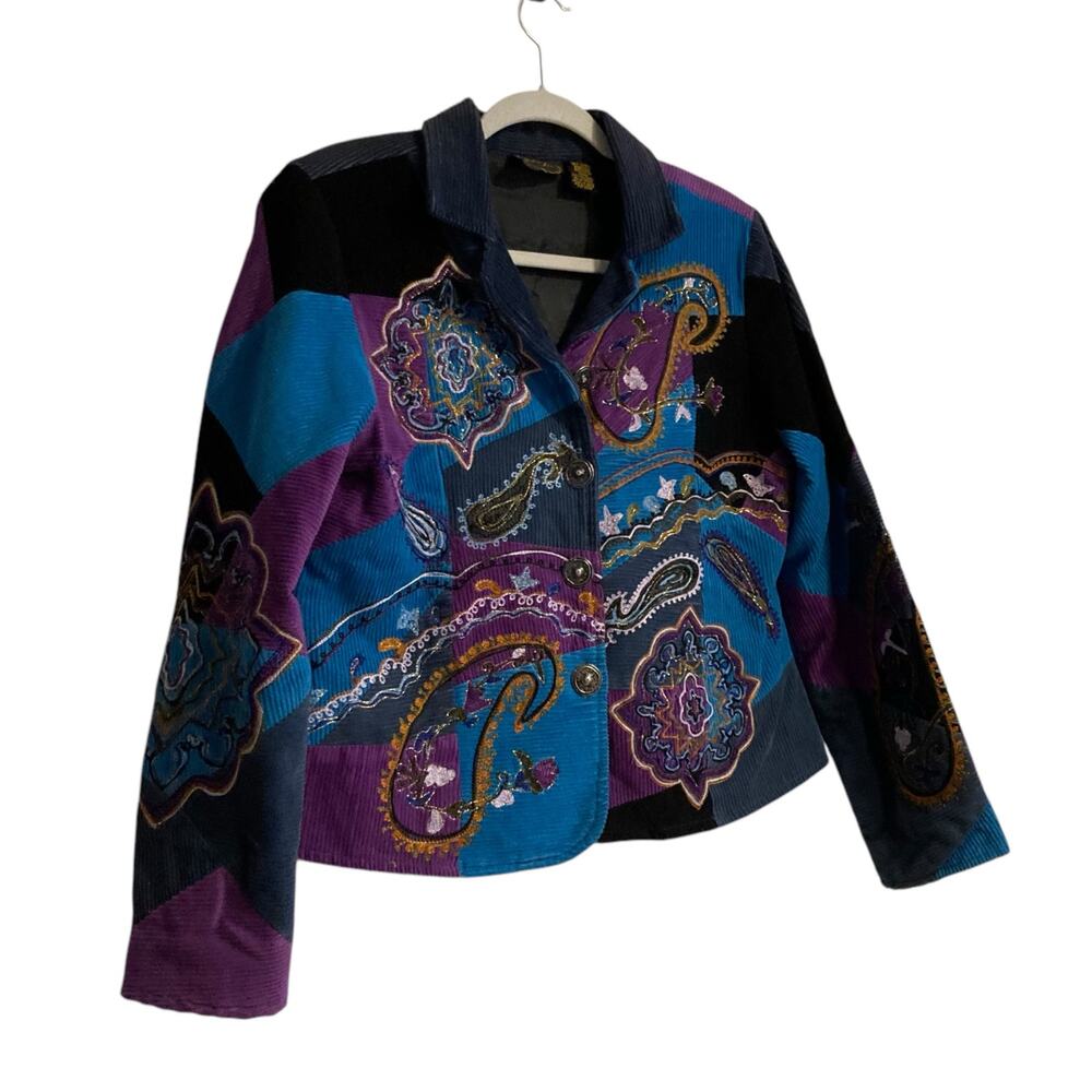 Vintage Y2K Julia Kim Blue Purple Corduroy Paisley Patchwork Blazer Size Medium - Picture 3 of 16